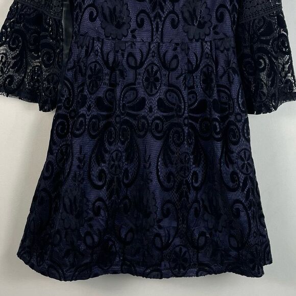 Eliza J Black Blue Burnout Velvet Lace Bell‎ Sleeve Fit and Flare Dress Size 4 - Picture 11 of 14